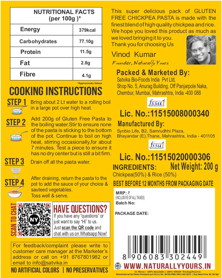Pasta | Chickpea Pasta - Gluten Free, No Artificial Colors, Preservatives, Maida, Oil & No Added MSG - Naturally Yours - 200gm