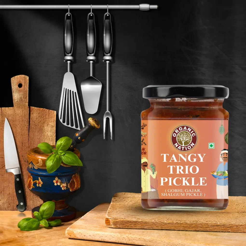 Pickle | Gobhi Gajar Shalgam Mix Pickle - Tangy Trio Pickle - Homestyle Indian Pickle - Authentic Traditional Taste - No Added Preservatives & No Artificial Colours And Flavours - Organic Nation - 250gm