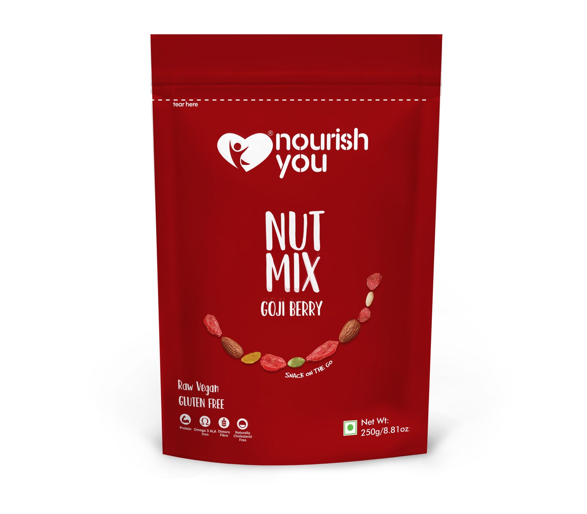 Goji Berry Nut Mix – Vegan, Gluten Free, Good Source Of Protein, Omega - 3 Ala Iron, Dietary Fibre & Cholesterol Free - Nourish You – 250gm
