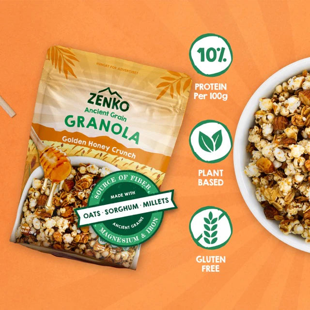 Granola | Golden Honey Crunch (Made With Oats, Sorghum Millets) - 11% Protein Per 100gm - Plant Based - Gluten Free, High In Fiber, Magnesium And Iron - Zenko - 300gm