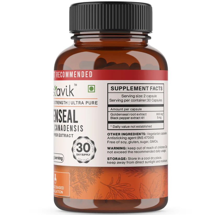 Goldenseal Root Capsules | Goldenseal Hydrastis Canadensis + Black Pepper Extract - Soy Free, Gluten Free, No Added Sugar & Non GMO - Vaastavik - 600 mg/serving - 60 Capsules