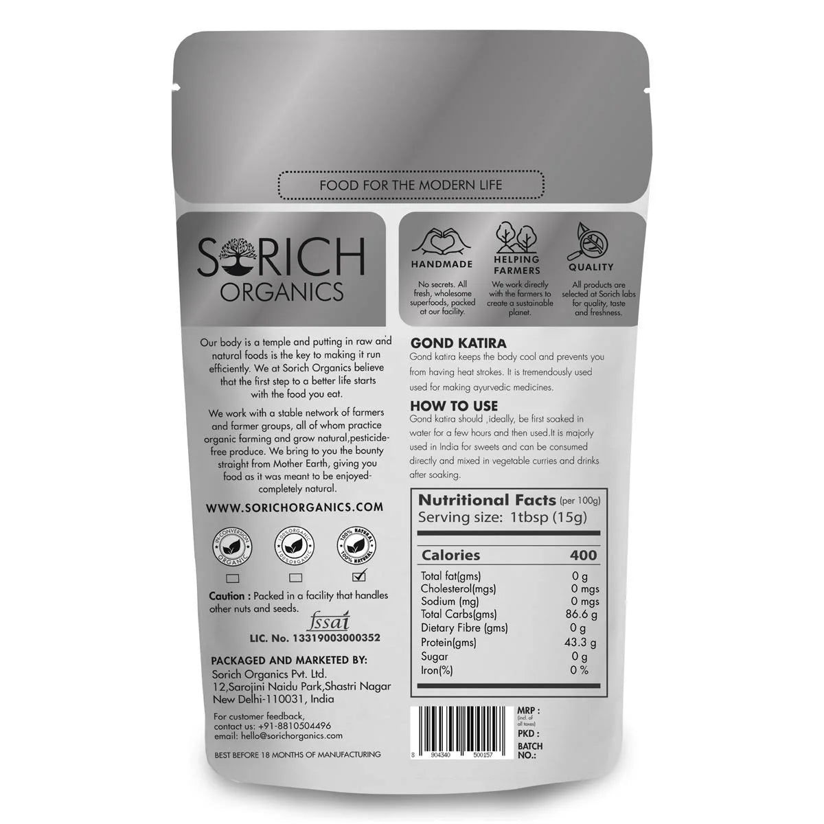 Gond Katira - High In Protein, Rich In Calcium, Cooling Nature & Source Of Manganese - Sorich Organics - 400gm