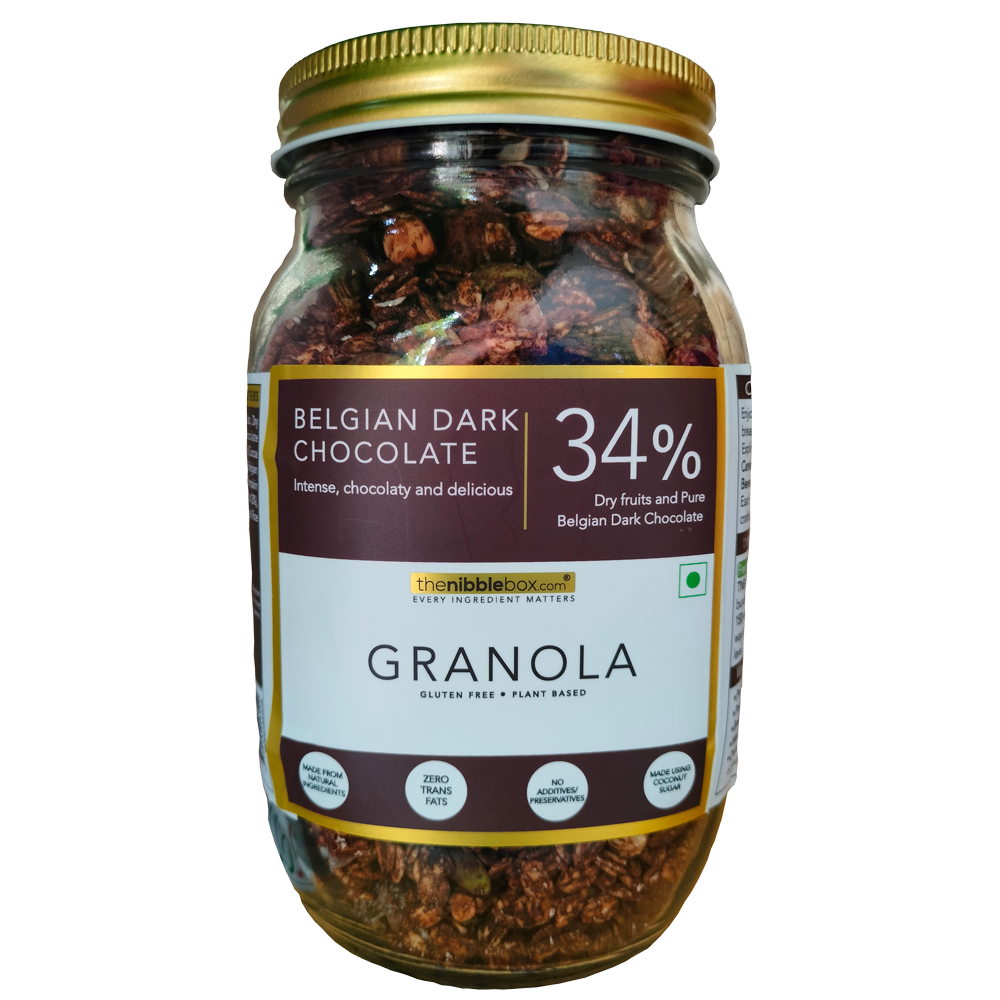 Granola | Belgian Dark Chocolate - 34% Dry Fruits, Vegan, Gluten Free, No preservatives & No Additives - The Nibble Box - 500gm