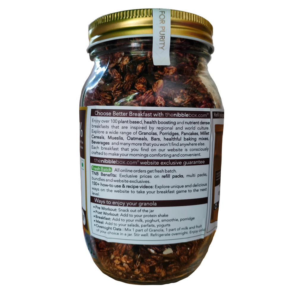 Granola | Belgian Dark Chocolate - 34% Dry Fruits, Vegan, Gluten Free, No preservatives & No Additives - The Nibble Box - 500gm