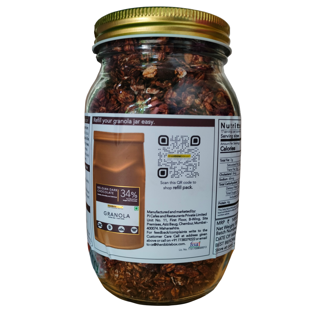 Granola | Belgian Dark Chocolate - 34% Dry Fruits, Vegan, Gluten Free, No preservatives & No Additives - The Nibble Box - 500gm