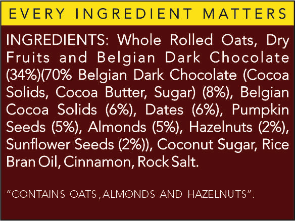Granola | Belgian Dark Chocolate - 34% Dry Fruits, Vegan, Gluten Free, No preservatives & No Additives - The Nibble Box - 500gm
