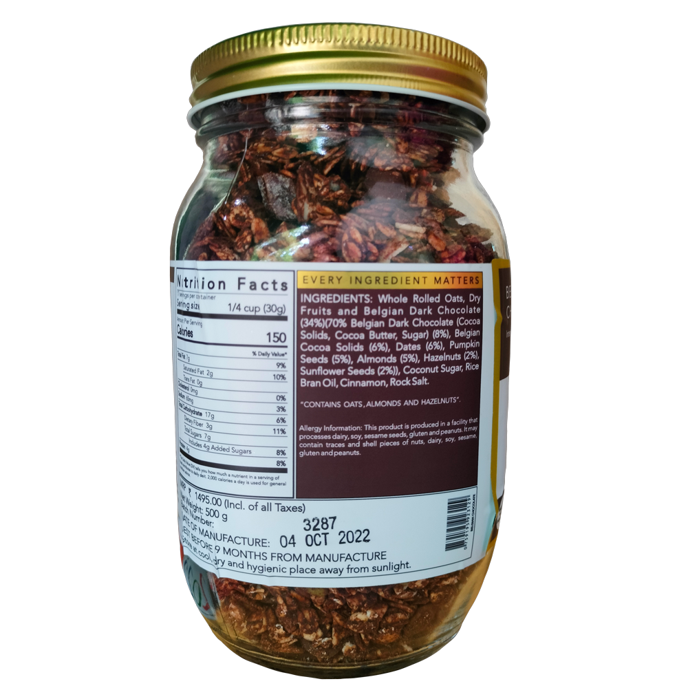 Granola | Belgian Dark Chocolate - 34% Dry Fruits, Vegan, Gluten Free, No preservatives & No Additives - The Nibble Box - 500gm