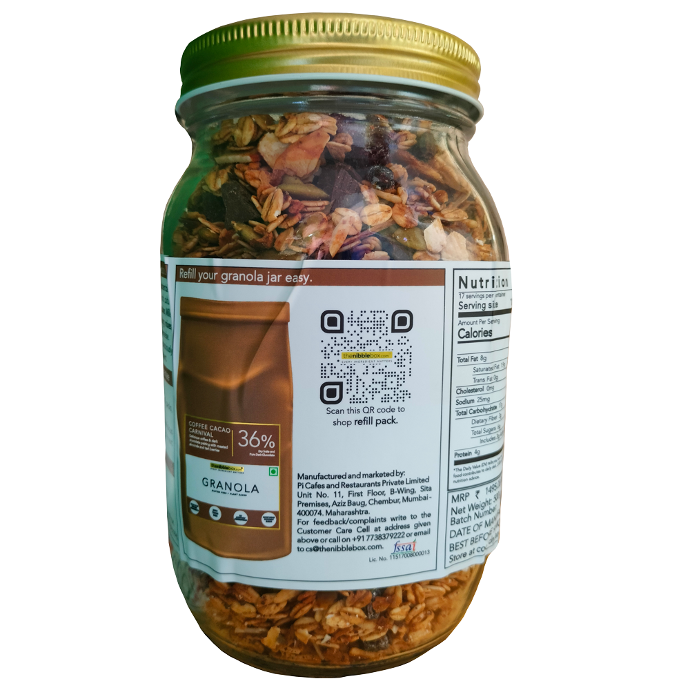 Granola | Coffee Cacao Carnival (Made Using Coconut Sugar) - 36% Dry Fruits – Vegan, Gluten Free, Zero Trans Fat, No Additives & Preservatives – The Nibble Box – 500gm