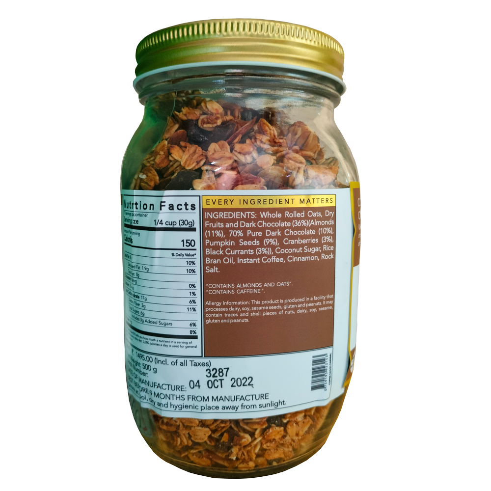 Granola | Coffee Cacao Carnival (Made Using Coconut Sugar) - 36% Dry Fruits – Vegan, Gluten Free, Zero Trans Fat, No Additives & Preservatives – The Nibble Box – 500gm