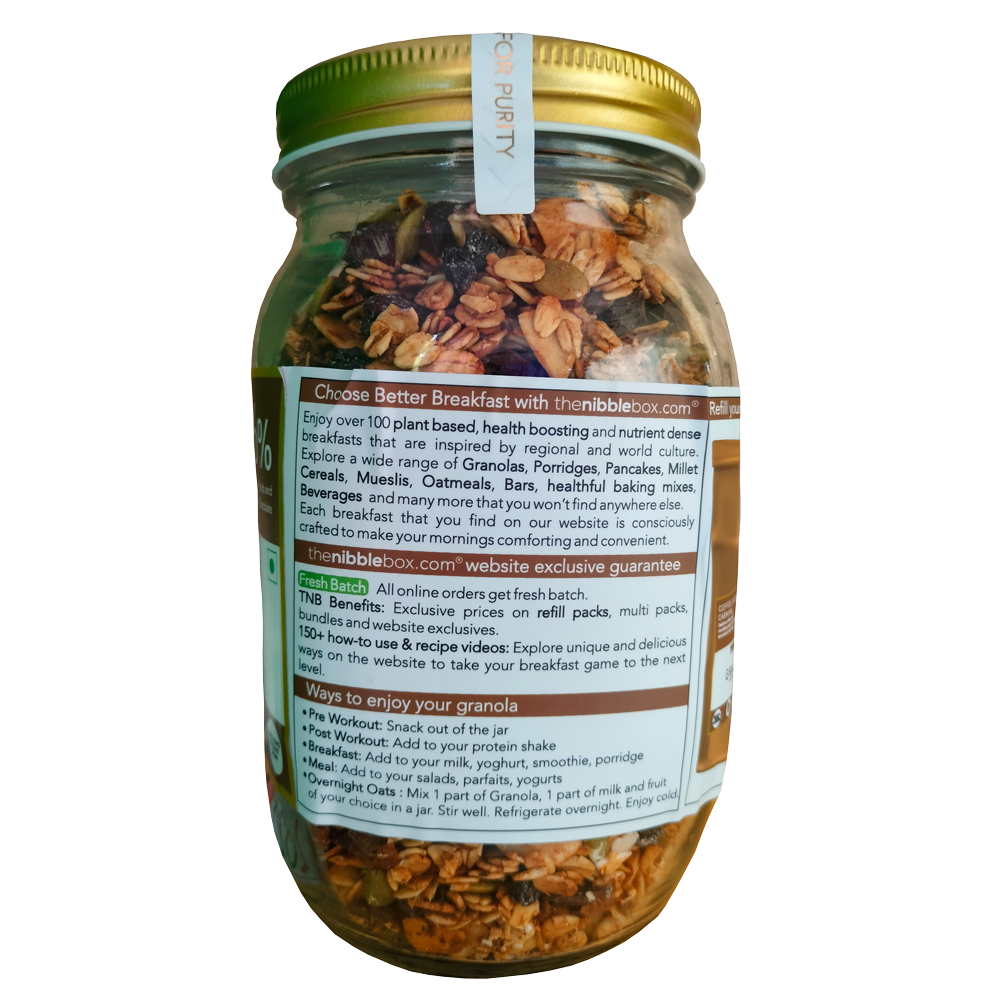 Granola | Coffee Cacao Carnival (Made Using Coconut Sugar) - 36% Dry Fruits – Vegan, Gluten Free, Zero Trans Fat, No Additives & Preservatives – The Nibble Box – 500gm