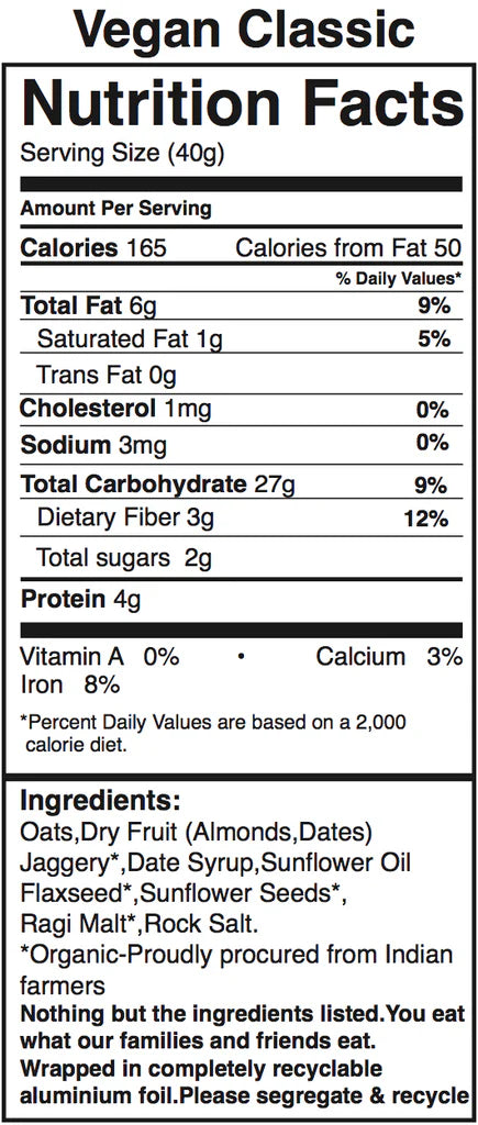 Bar | Vegan Classic - Granola Bar (With Certified Organic Oats & Almonds) - Vegan, Gluten Free & No Added Additives - The Huda Bar - 45gm