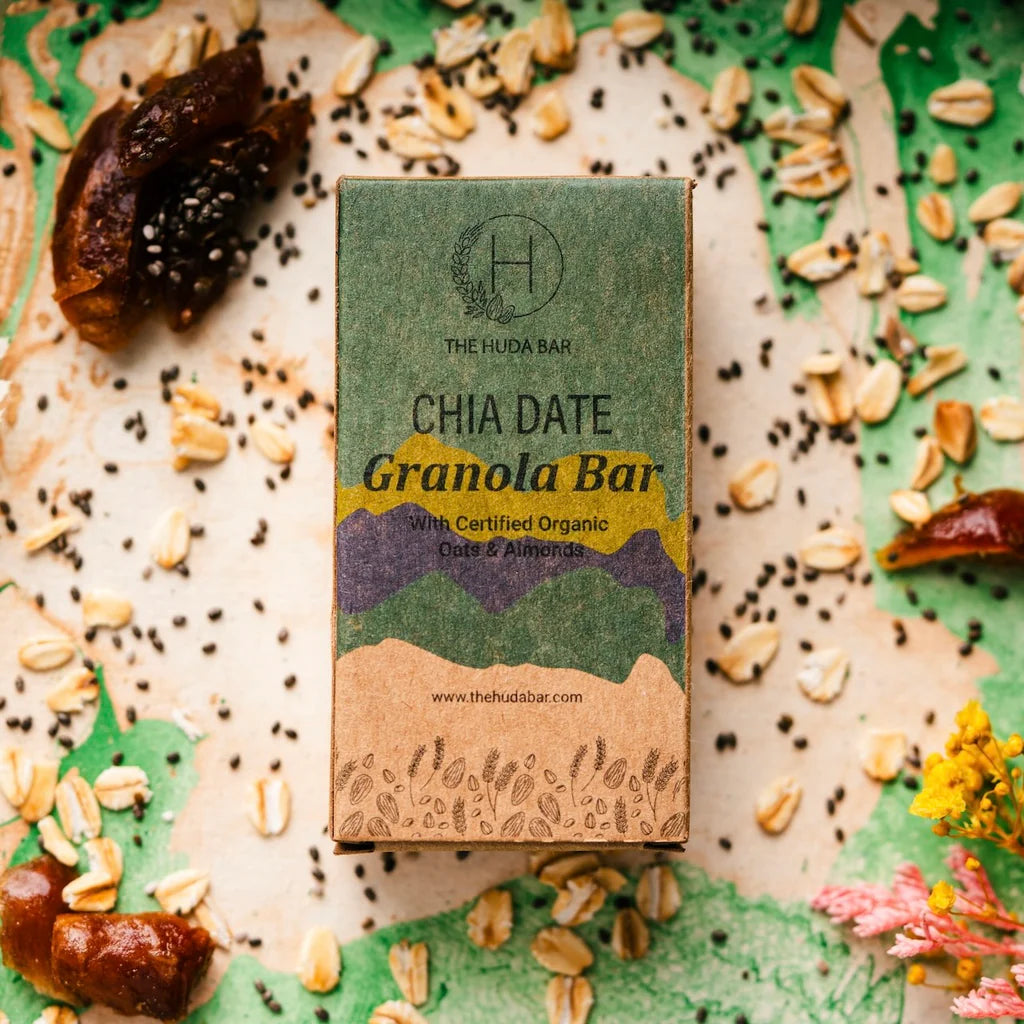 Bar | Chia Date - Granola Bar (With Certified Organic Oats & Almonds) - Vegan, Gluten Free & No Added Additives - The Huda Bar - 45gm