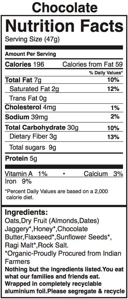 Bar | Chocolate - Granola Bar (With Certified Organic Oats & Almonds) - Vegan, Gluten Free & No Added Additives - The Huda Bar - 45gm