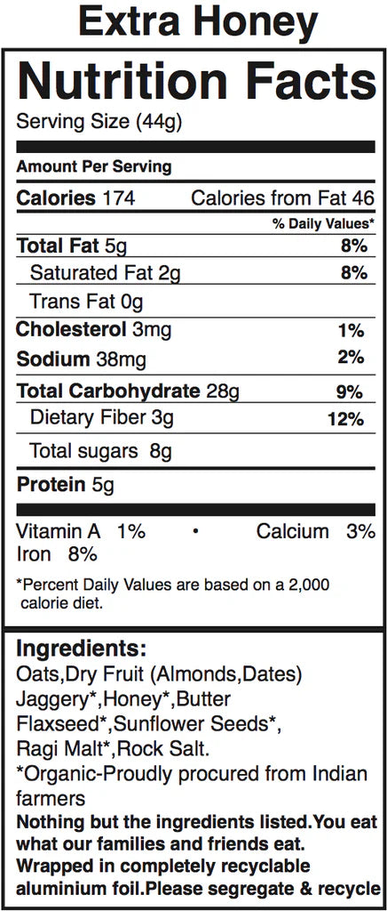 Bar | Extra Honey - Granola Bar (With Certified Organic Oats & Almonds) - Vegan, Gluten Free & No Added Additives - The Huda Bar - 45gm