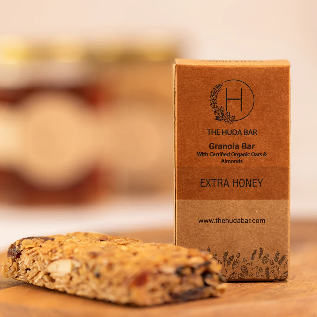 Bar | Extra Honey - Granola Bar (With Certified Organic Oats & Almonds) - Vegan, Gluten Free & No Added Additives - The Huda Bar - 45gm