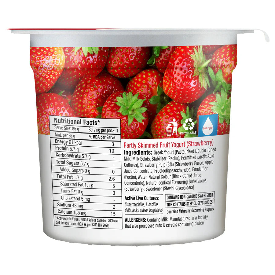 Yogurt | Greek Yogurt - Strawberry - 5g Protein - No Added Preservatives & No Added Sugar - Epigamia - 85gm