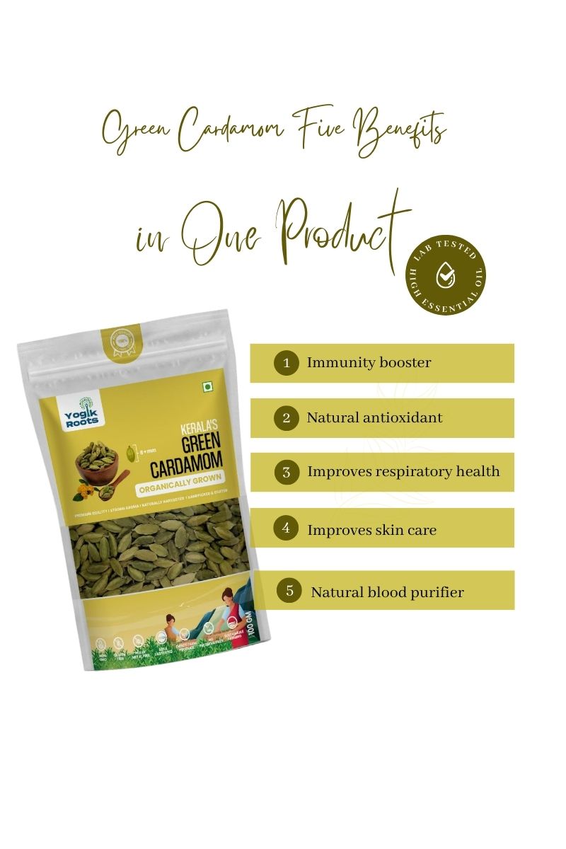 Green Cardamom | Kerala - Organically Grown - Strong Aroma - Naturally Harvested - Gluten Free, Non Gmo, Residue Free & No Added Preservatives - Yogik Roots - 100gm