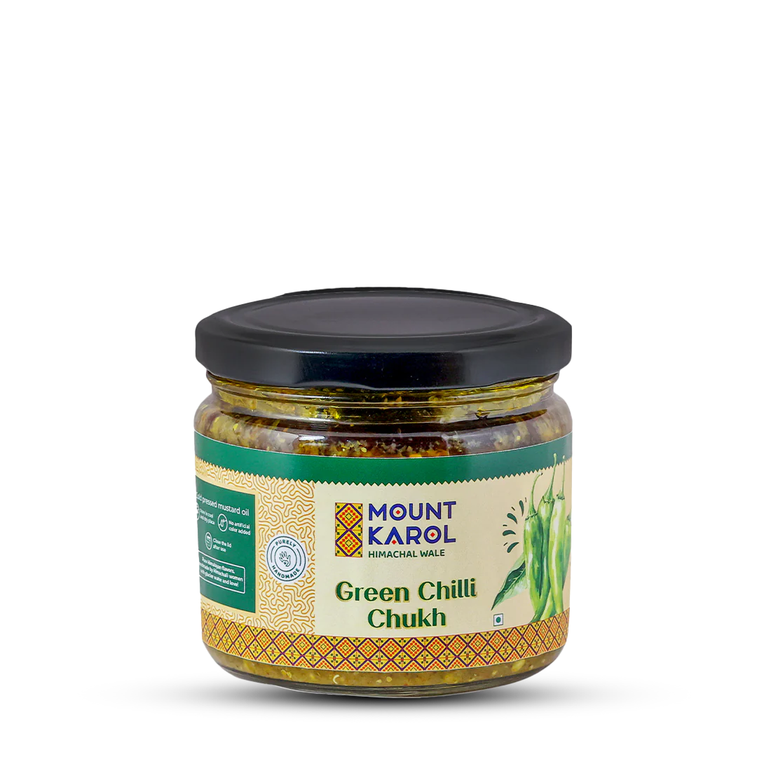 Chilli Chukh | Green (Made With Cold Pressed Mustard Oil) - Pure Himalayan Flavor - No emulsifiers, Stabilisers, Nothing Artificial, No Flavour Enhancers, Colours & No Artificial Preservatives - Mount Karol - 300gm