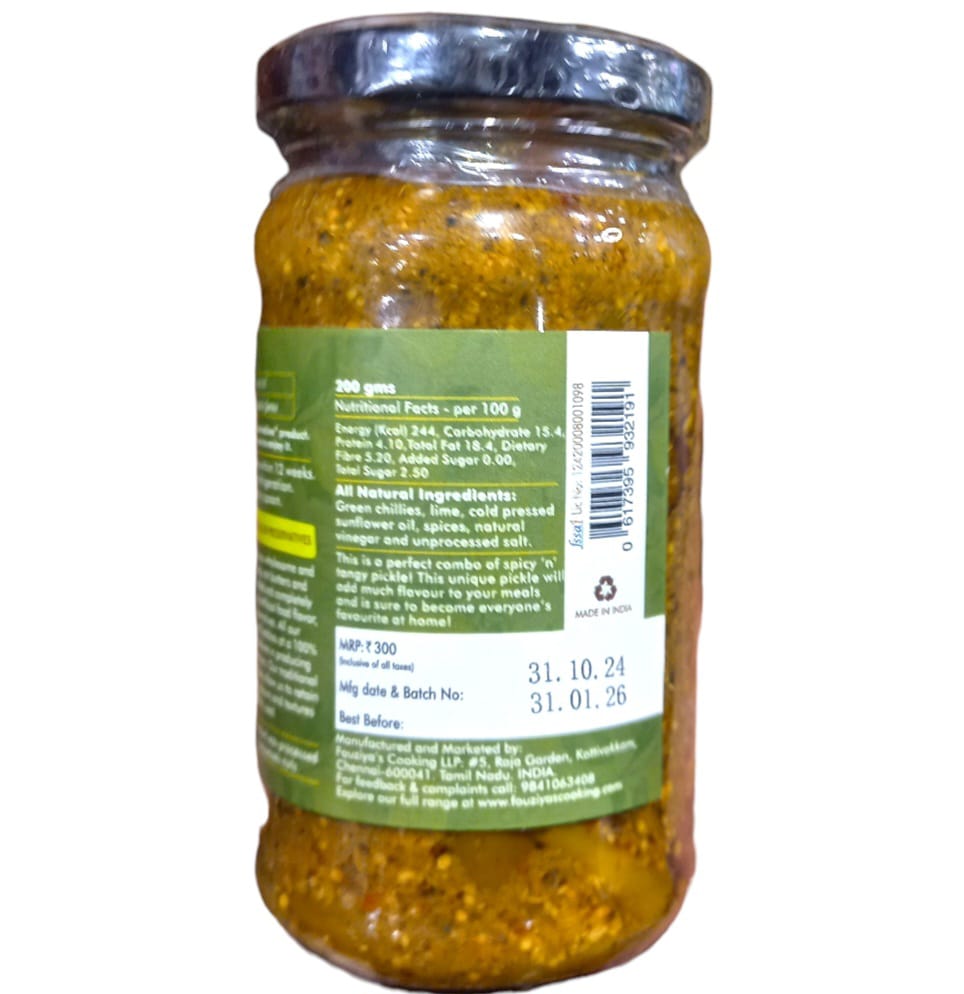 Pickle | Green Chilli Lime Pickle - 100% From Natural Ingredients - No Added Preservatives - Fouziyas Cooking