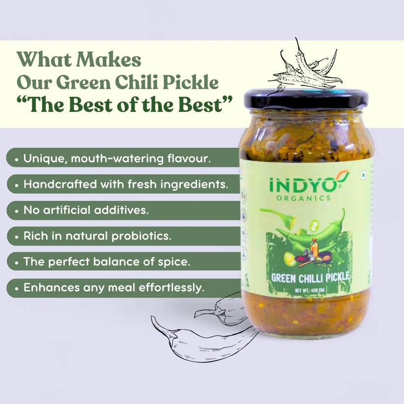 Chilli Pickle | Green Chilli PIckle - 100% Pure - Sun Dried - No Added Preservatives - Indyo Organic – 400gm