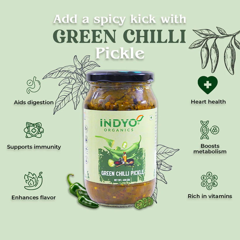 Chilli Pickle | Green Chilli PIckle - 100% Pure - Sun Dried - No Added Preservatives - Indyo Organic – 400gm