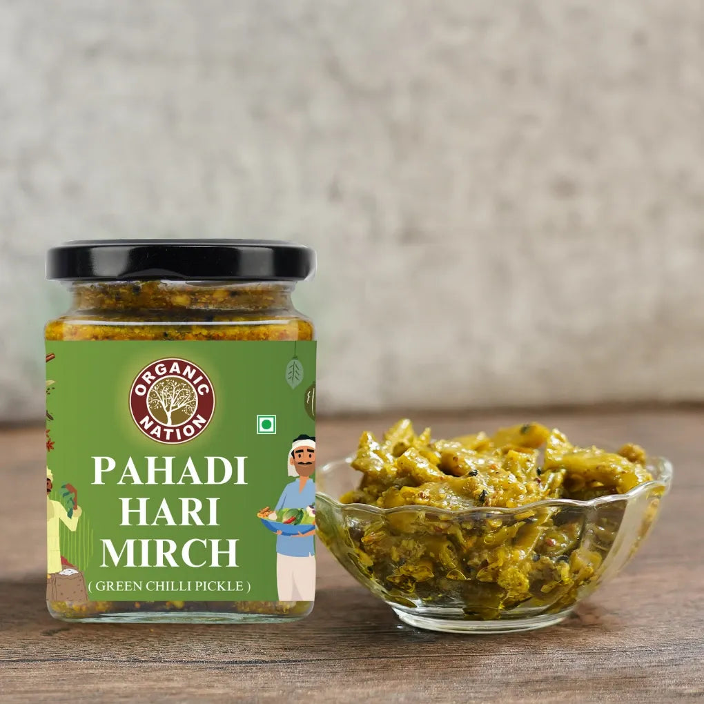 Pickle | Pahadi Hari Mirch (Green Chilli Pickle) - 100% Homemade - No Added Preservatives - Organic Nation - 250gm