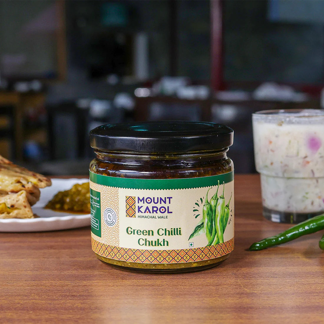 Chilli Chukh | Green (Made With Cold Pressed Mustard Oil) - Pure Himalayan Flavor - No emulsifiers, Stabilisers, Nothing Artificial, No Flavour Enhancers, Colours & No Artificial Preservatives - Mount Karol - 300gm