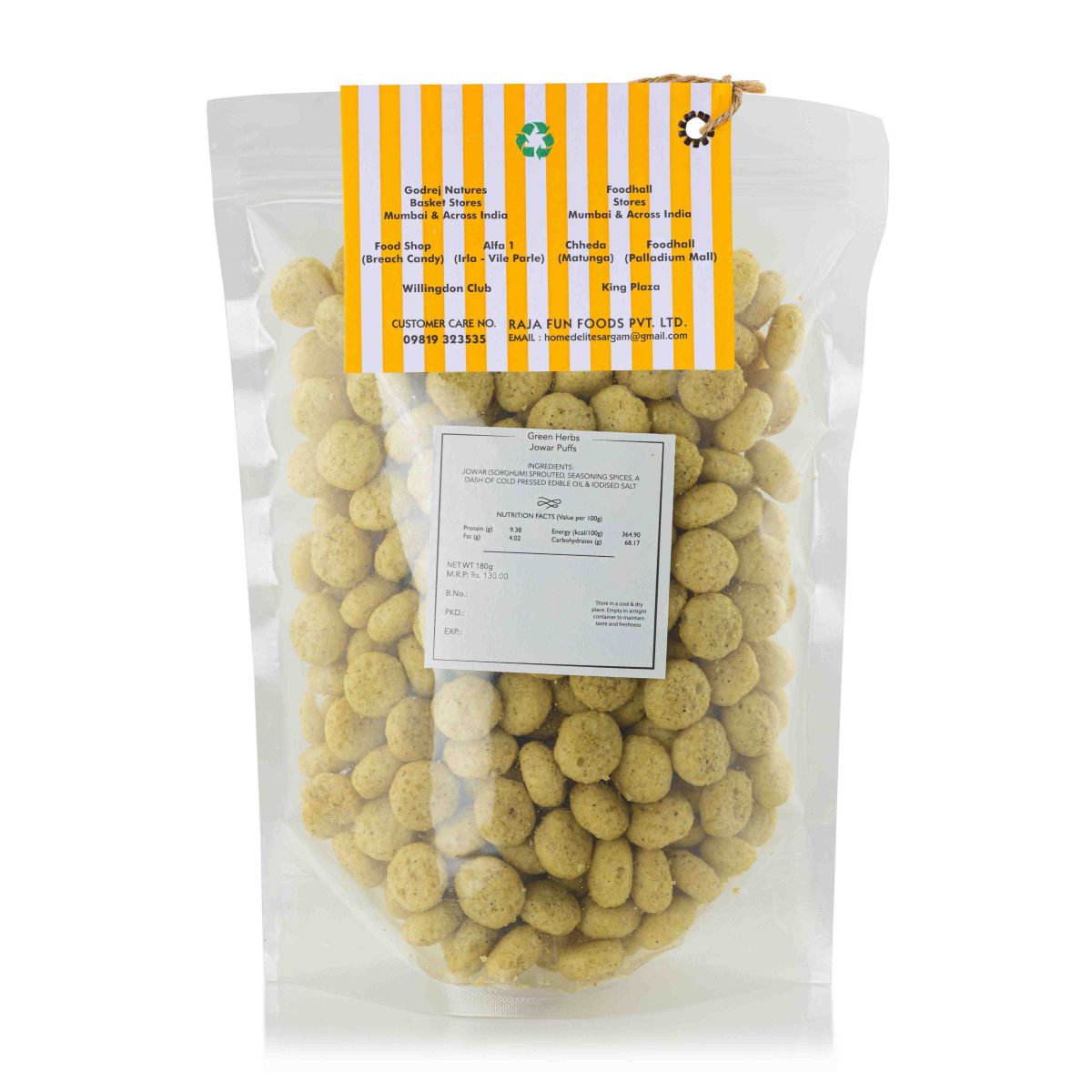 Puffs | Green Herbs Jowar Puffs - Gluten Free, Zero Cholesterol, No Preservatives & No Trans Fat - Home D’elite - 150gm