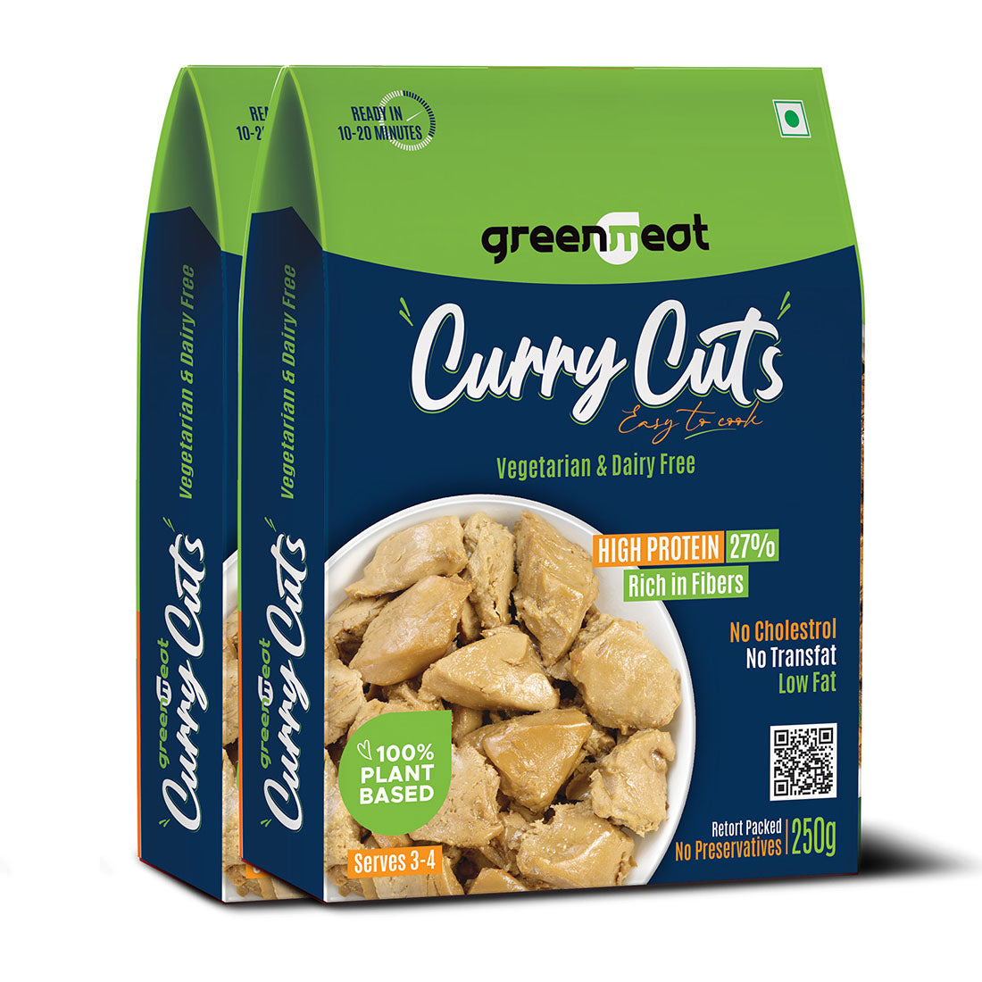 Curry Cuts - 100% Pant Based - Easy To Cook- 27% Heigh Protein, Rich Fibers – Vegetarian & Dairy Free – No Added Preservatives, No Cholestrol, No Trans Fat –Greenmeat – (3-4 Serving) – 250gm