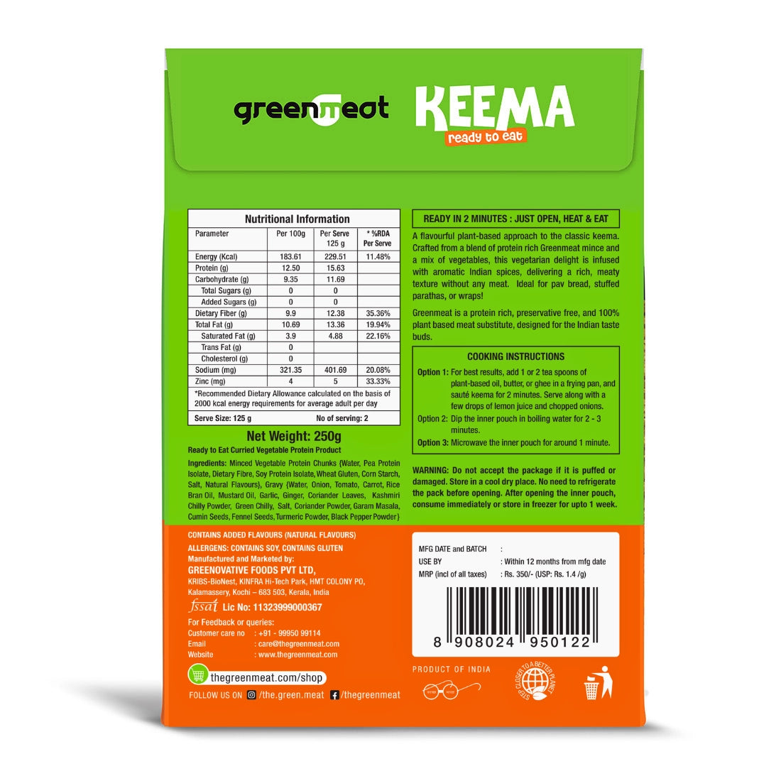 Keema - 100% Pant Based - Easy To Cook- Heigh Protein, Rich Fibers – Vegetarian & Dairy Free – No Added Preservatives, No Cholestrol, No Trans Fat –Greenmeat – (2 Serving) – 250gm