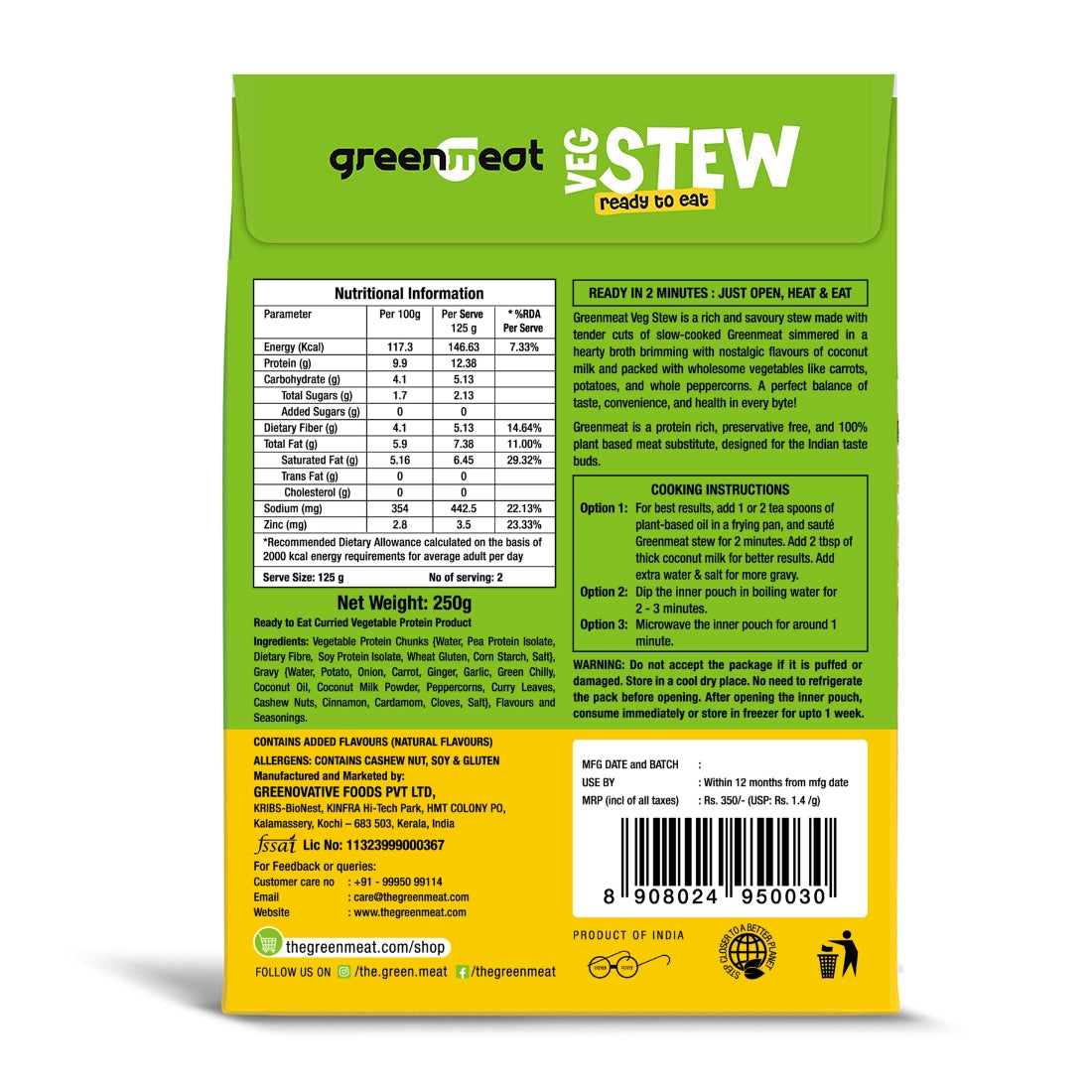 Veg Stew -Vegetarian & Dairy Free - Easy To Cook. Ready To Eat - Heigh Protein, Rich Fibers – No Added Preservatives, No Cholestrol, No Trans Fat –Greenmeat – (2 Serving) – 250gm