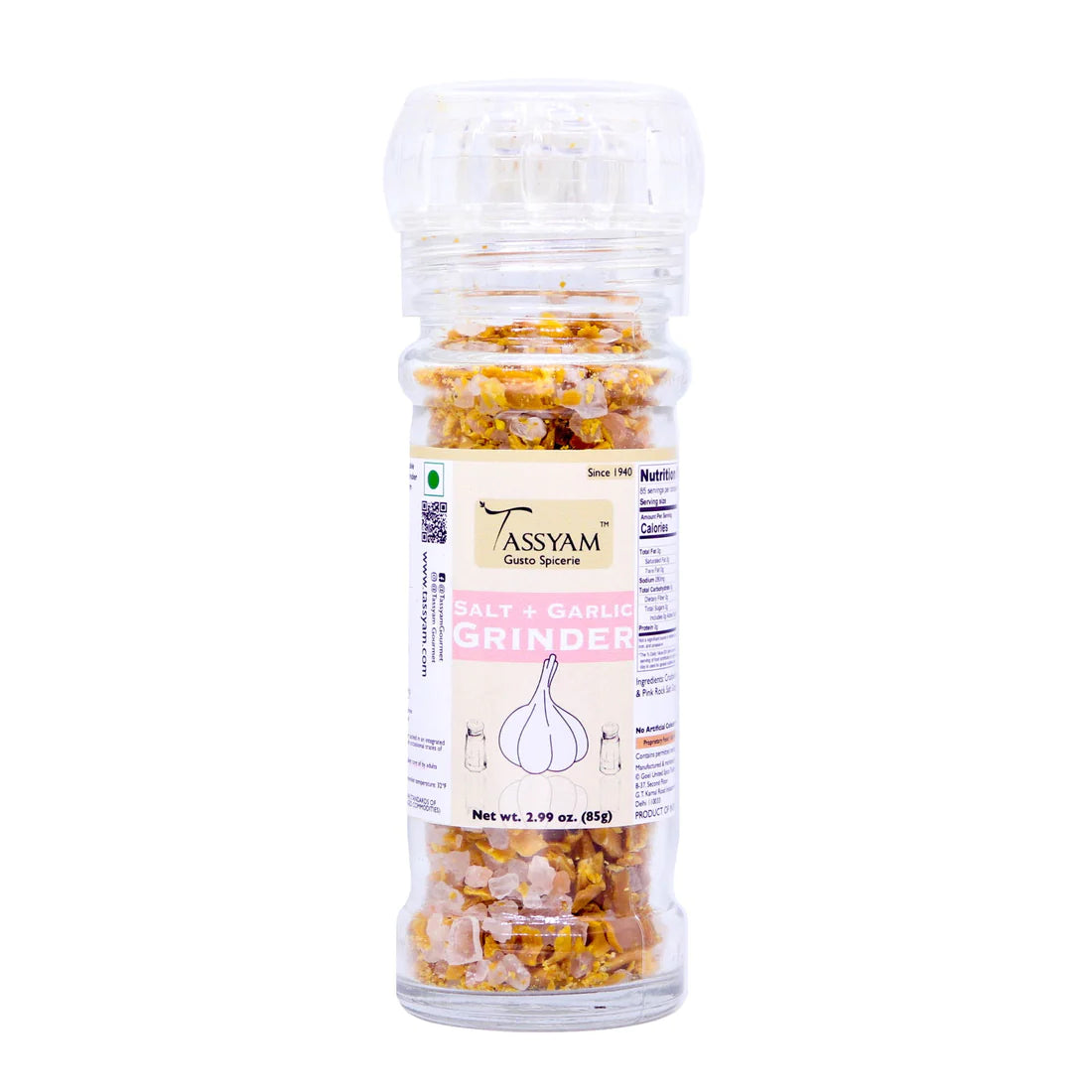 Garlic Salt | Grinder - No Artificial Colours & No Added Flvours - Tassyam Organics - 85gm Bottle