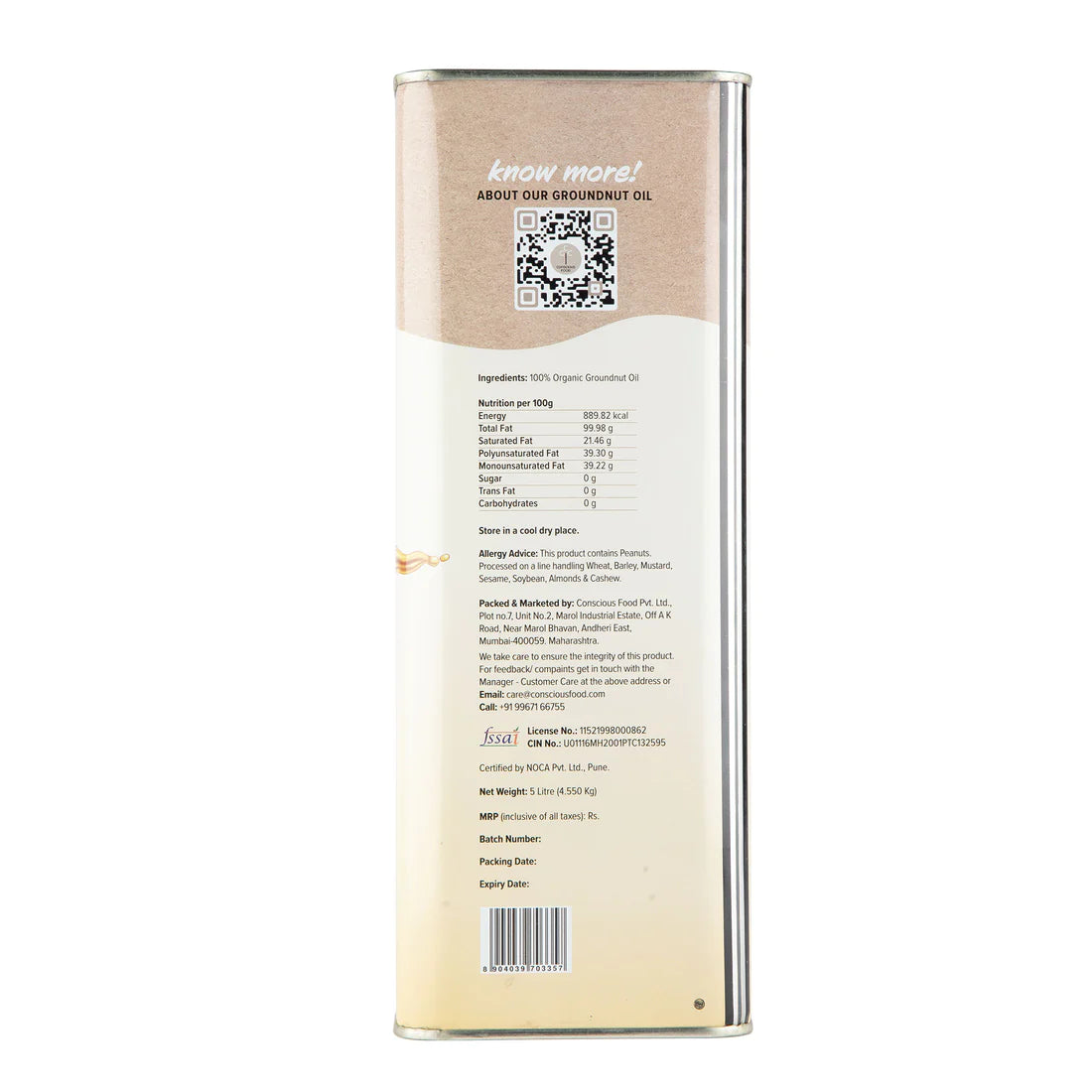 Peanut Oil | Cold Pressed - Edible - Conscious Food - 5000ml