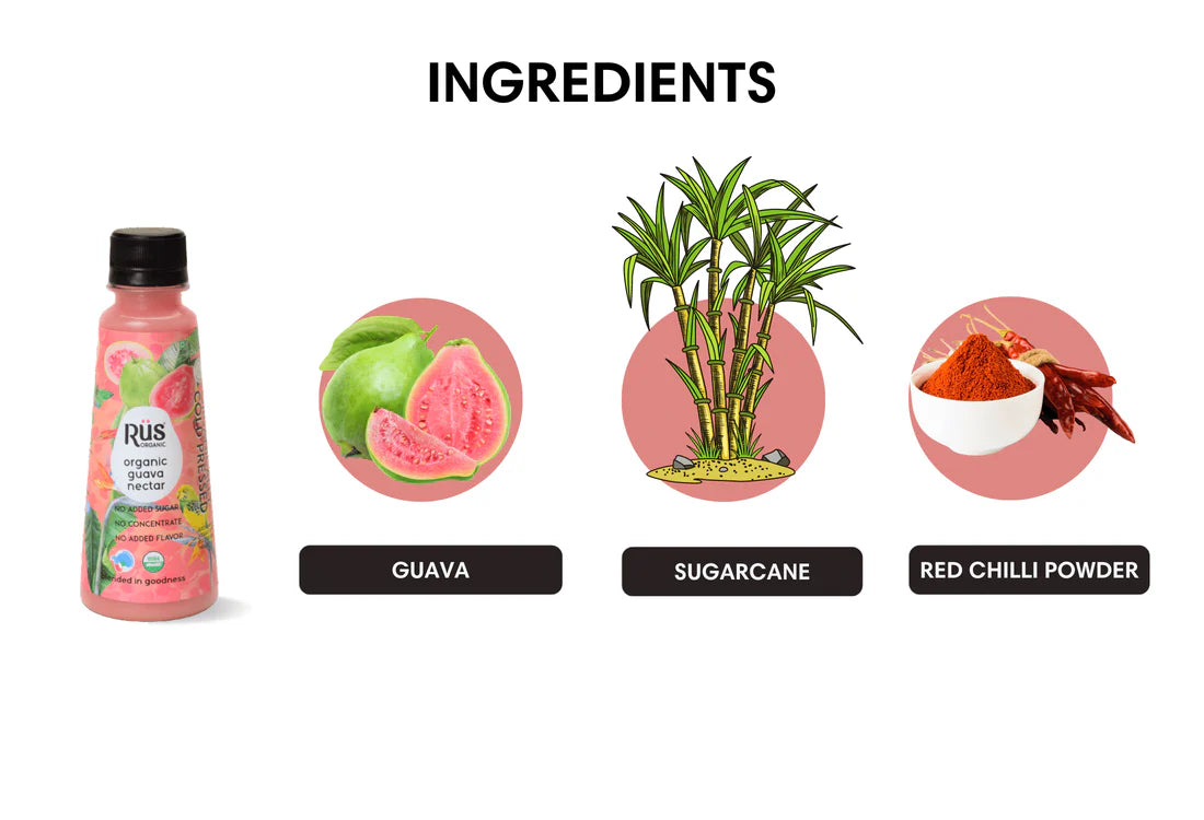Juice | Nectar - Guava Juice – Cold Pressed – USDA Organic - No Added Sugar, No Concenterate Or No Added Flavour – Rus Organic – 200ml