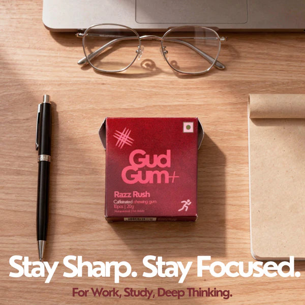 Chewing Gum - Razz Rush Chewing Gum -Energy & Focus Chewing Gum (Contains Natural Caffeine)- Natural - Vegan, Sugar Free & Plastic Free - Gud Gum - 20gm (10pcs)