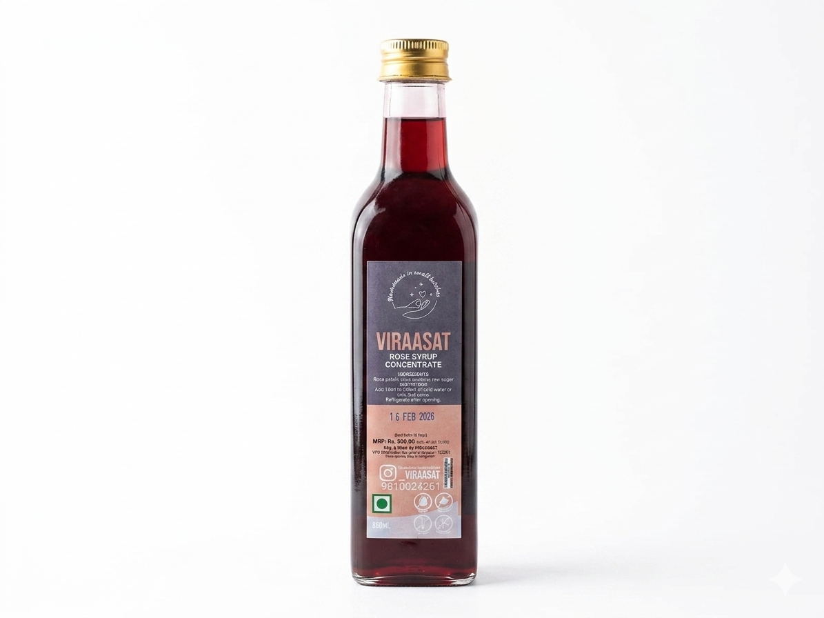 Sharbat | Gulaab Sharbat- Rose Syrup Concentrate - 100% Natural - No Added Preservatives, GMO Free, Chemical Free - Viraasat - 650ml