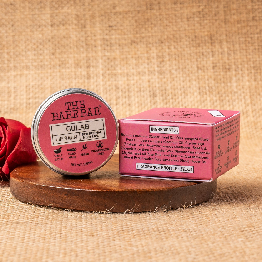 Lip Balm | Gulab - Hydrates & Nourishes Lips - No Artificial Flavors, Preservatives & Mineral Oil Free - The Bare Bar - 10gm
