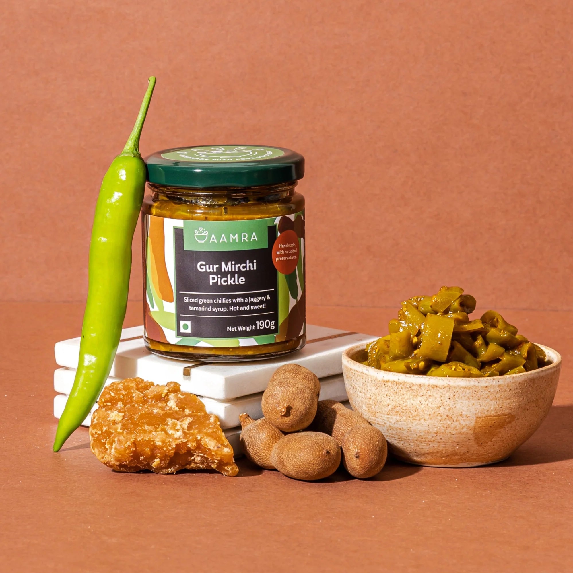 Pickle | Gur Mirchi Pickle ( Sliced Green Chillies With A Jaggery & Tamarind Syrup) - Hot & Sweet - Low Oil & No Artificial Preservatives - Aamra - 190gm