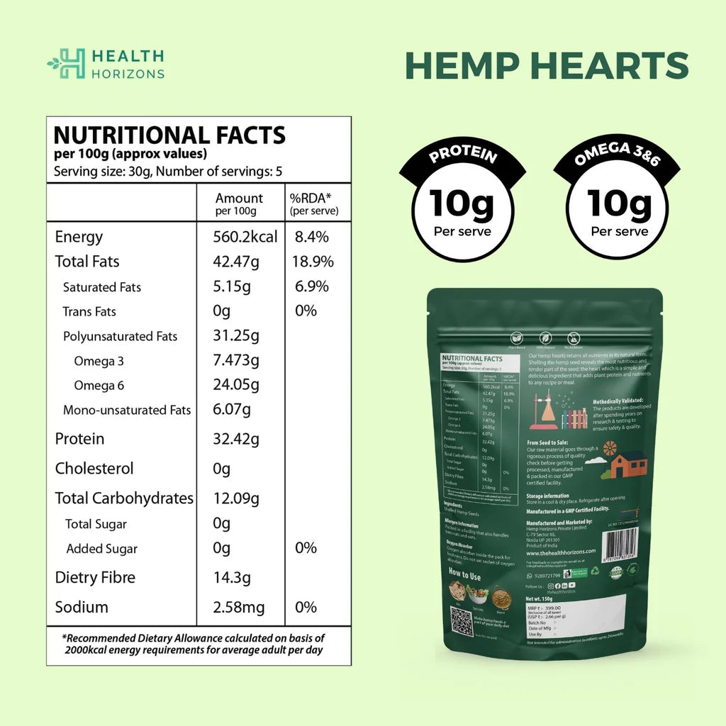 Hemp Heart | Natural – Vegan, Soy Free, No Additives & High In Antioxidants – Health Horizon – 500gm