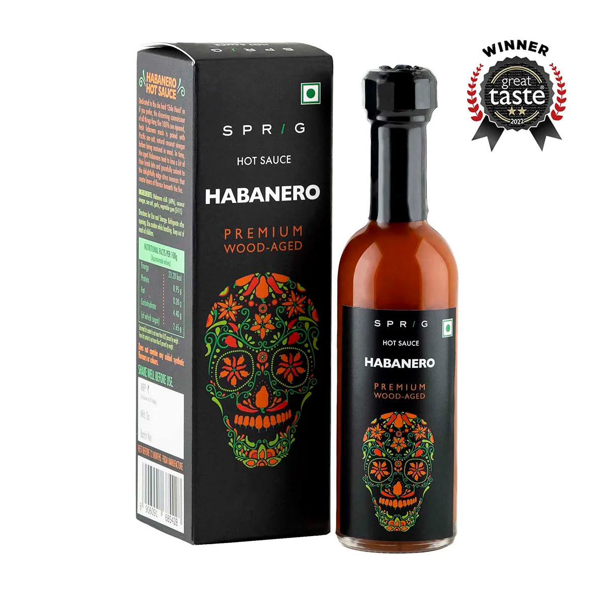 Hot Sauce | Habanero Premium Wood Aged Hot Sauce – Vegan, Gluten Free, kosher Friendly, Paleo Friendly, No Added Sugar & No Added synthetic colors Or Flavors - Sprig – 55gm