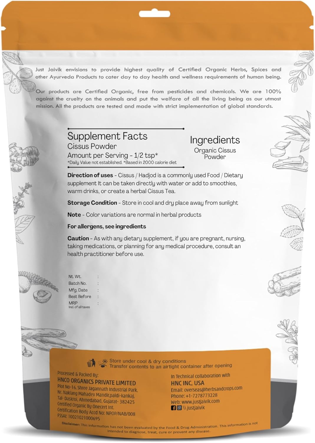 Hadjod Powder | Cissus Quadrangularis – Herbal Supplement For Bone And Muscle Health – USDA Organic – Just Jaivik – 100gm