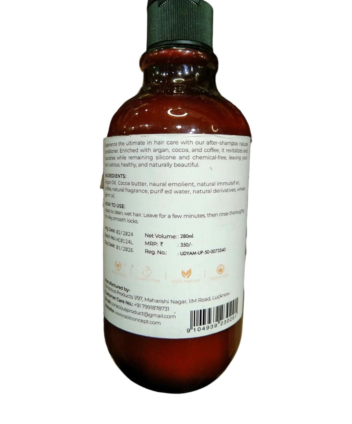 Conditioner | Hair Conditioner (Omega 3 & Multi Vitamins) - Argan & Cocoa - Natural - Cruelty Free & Paraben Free - Soil Concept - 280ml