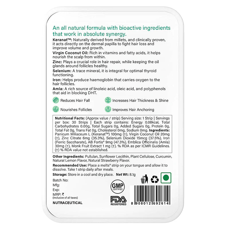 Hair Fall Control - Melts - (Kernat + Virgin Oil) - Vegan, Gluten Free & Sugar Free - Wellbeing Nutrition - 30 Strips