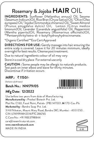 Rosemary & Jojoba Hair Oil - Neemli Naturals - 100ml