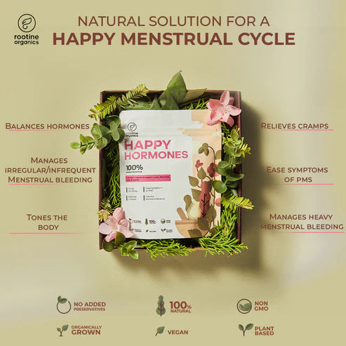 Happy Hormone | (A Perfect Blend Of Organic Roots, Rhizomes, Fruits & Bark) - Tones The Body - Ease Symptoms Of Pms - Relieves Cramps - Natural Superfood - Vegan, Non Gmo & No Added Preservatives - Rootine Organics - 100gm