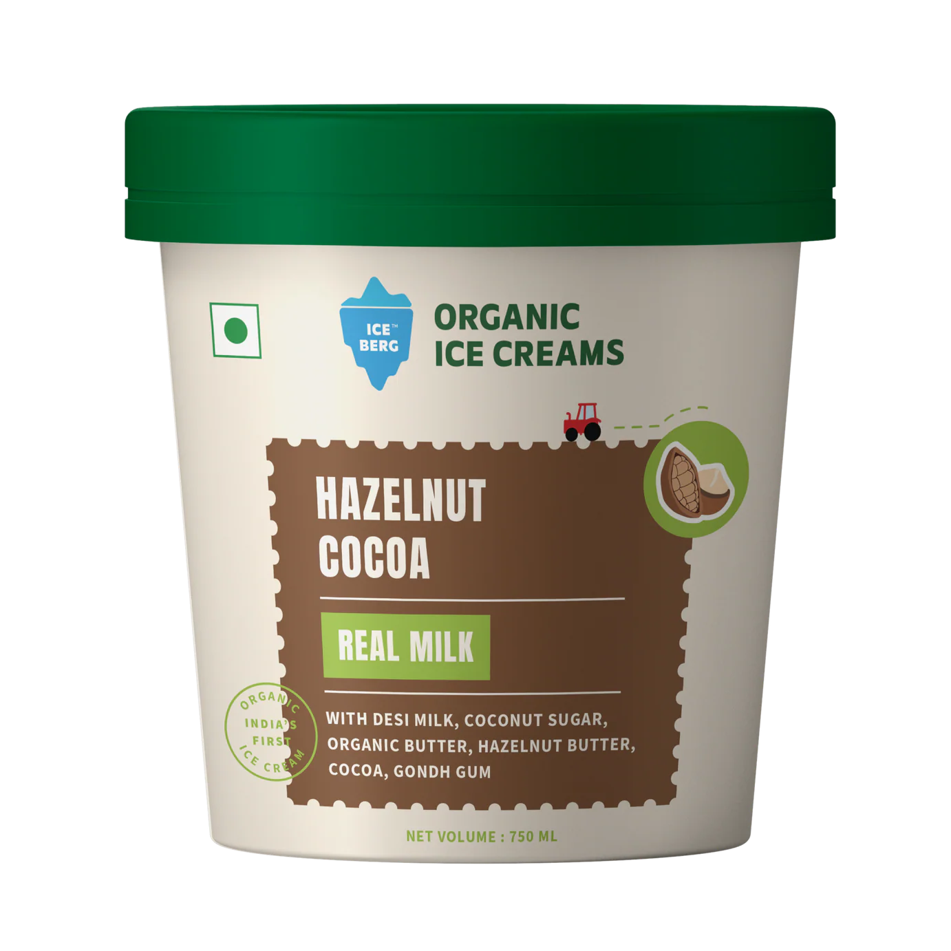 Ice Cream | Hazelnut Cocoa Ice Cream (Made From Real Milk, Gondh Gum, Organic Butter, Hazelnut Cocoa ) - Churned with authentic & Real Ingredients - Iceberg Organic Ice Cream - 750ml