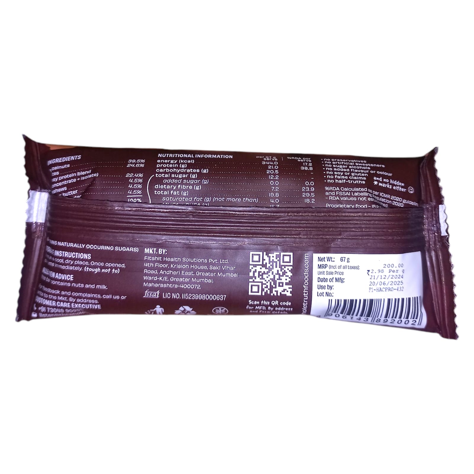 Bar | Hazelnut Cocoa Pro Bar (Made With Hazelnuts, Dates, Cashews, Cocoa And Whey) - 20gm Protein – Gluten Free, No Added Sugar, Soy Free & No Added Preservatives – The Whole Truth – 67gm
