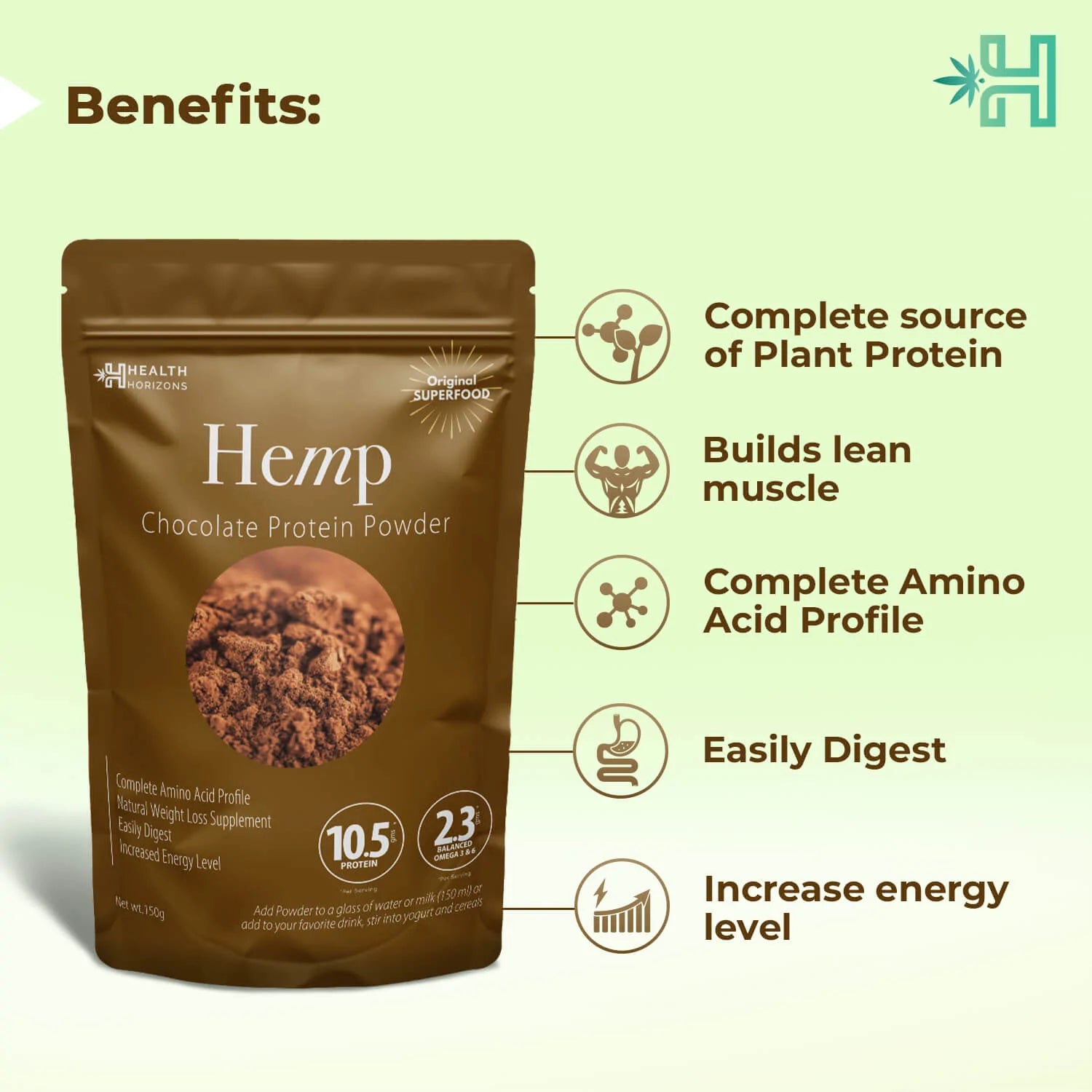 Hemp Powder | (Chocolate Flavour) - Natural - Vegan, Gluten Free, Rich With Protein, Antioxidants, Minerals & Fibre - Health Horizons - 150gm
