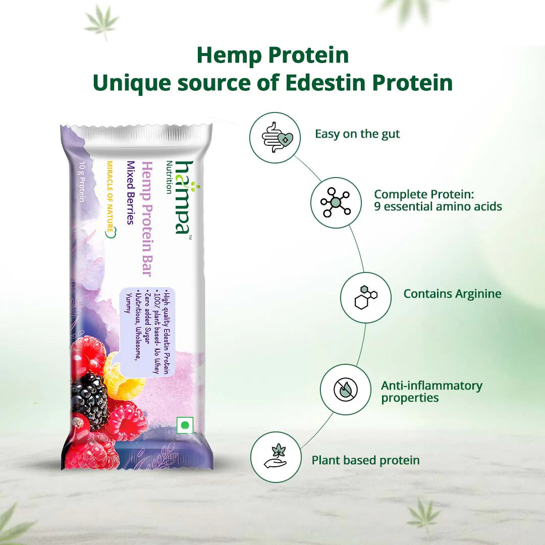 Bar | Hemp Protein Bar (Mixed Berries) - Sweetened With Dates - 10g Protein - 100% Plant Based - Vegan, Gluten Free. Lactose Free, No Whey & No Added Sugar - Hampa - 50gm