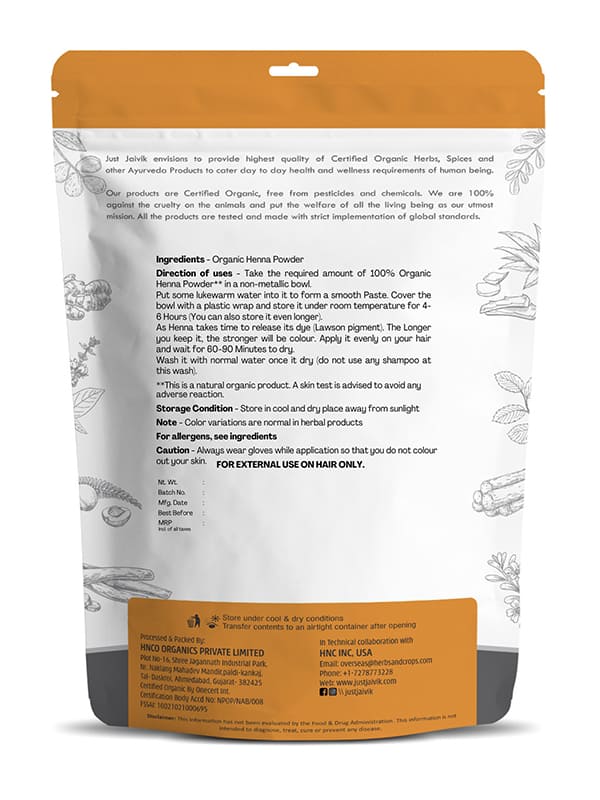 Henna Powder - USDA Organic - Just Jaivik - 100gm